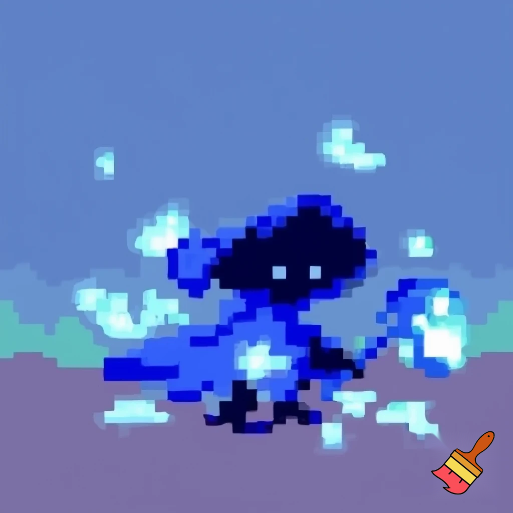 make pixle art that is a little cute guy with a blue hammer and a blue cloak and blue essence coming off him and you cant see his face