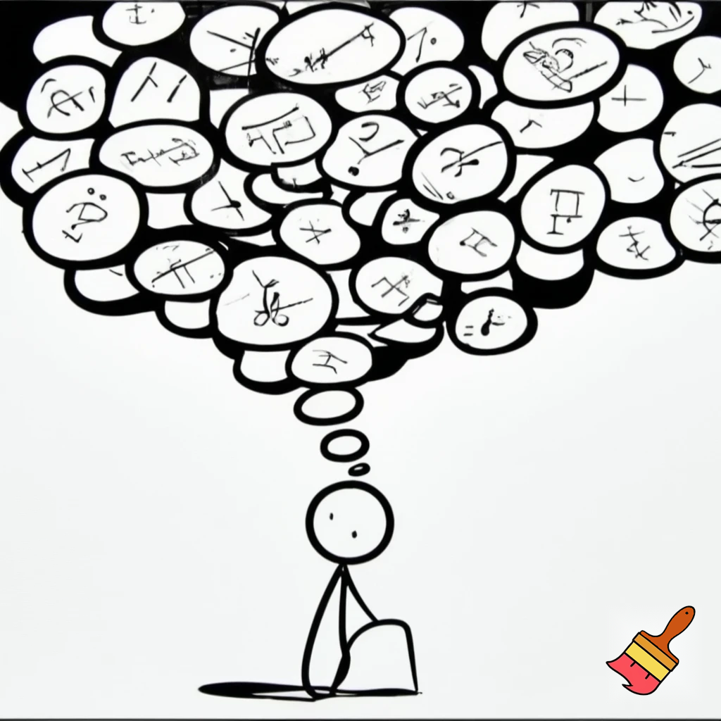 Hook / Brain thinking

Minimalist stick figure sitting, thinking with multiple thought bubbles above head, black and white, xkcd-style, simple cartoon illustration