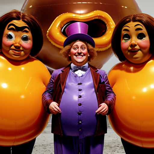 Vanessa Hudgens long hair depicted as a spherical shape inflated like a balloon, she is a round oval naked body boobs belly body overinflated Her facial expression is neutral, almost impassive. Her body is exaggeratedly rounded, forming a sphere, with no visible definition of limbs. ackground the Rusty Goffe and Marcus Powell Oompa Loompas from Willy Wonka's Chocolate Factory willy wonka characters real life real persons face Oompa Loompas, white eyebrows, colored skin, orange skin, blue eyes in out fits oompa loompas are standing around he