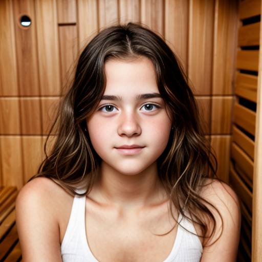 a self portrait of a 14 year old girl with wavy dark brown hair and brown eyes with a diamond face shape teenager ,sauna