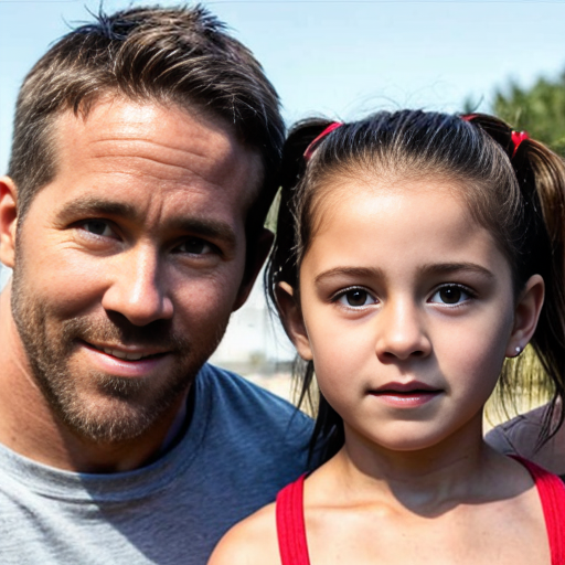 generate me a family of 5 with 2 dads, make one of the dads a dark brown haired 6'2" bodybuilder and make the other one ryan reynolds, then make a boy who is 14, and a girl who is 3 and a boy who is 2