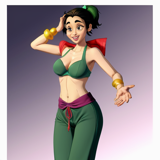 90's disney's 2d aladdin style comic dark black background and panels of 
panel 1 purple haired Ponytail shantae with red harem pants and red bra and red curved slippers with both hand palms place together and hiding the bottom of her mouth with a red veil wrapped around her arms and shoulders. 
panel 2 she danced with red harem pants with red bra and red curved slippers and red veil wrapped around her arms and shoulders and raising legs and bounced up and down her belly and shook her hips left and right. 
panel 3 as Shantae with red harem pants and red bra and curved red slippers spreading her arms, happily revealing her face to the viewer and giving a smile as she turns around shook her butt left and right. Panel 4 as purple haired Ponytail shantae with red harem pants and red bra and red curved slippers started to fading away , except her belly, which is bouncing around. 
Panel 5 then the ball transforms into the fading in belly of green haired Ponytail shantae with light green skin and green harem pants and green bra and green curved slippers and green veil wrapped around her arms and shoulders with her swaying her hips. 
Panel 6 green haired Ponytail shantae with light green skin and purple harem pants and green bra and green curved slippers and green veil wrapped around her arms and shoulders and with her hand palms place together between her chest and she gives a smile and winking her left eye.  