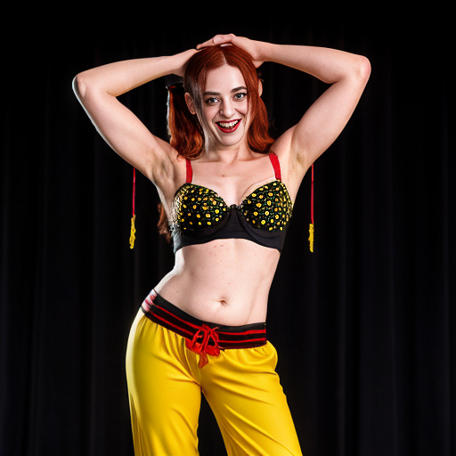 90's disney's 2d aladdin style comic black background and panels of 
panel 1 Harley Quinn with light black and red striped harem pants and bra and black and red curved slippers with both hand palms place together and hiding the bottom of her mouth with a light black and red striped veil wrapped around her arms and shoulders. 
panel 2 she danced with light black and red striped harem pants with light black and red striped bra and red and black curved slippers and with light black and red striped veil wrapped around her arms and shoulders and raising legs and bounced up and down her belly and shook her hips left and right. 
panel 3 as Harley Quinn with light black and red striped harem pants and bra and red and black curved slippers and with red and light black striped veil wrapped around her shoulders and arms and spreading her arms, happily revealing her face to the viewer and giving a smile as she shook her belly left and right. 
Panel 4 Harley Quinn with light black and red striped harem pants and bra and black and red curved slippers and with light black and red striped veil wrapped around her shoulders and arms has started to fading away , except her belly, which is bouncing around and growing. 
Panel 5 then the ball transforms into the fading in belly of Giant red haired giganta barefoot with dark yellow spotted yellow harem pants and bra and dark yellow spotted yellow veil wrapped around her arms and shoulders with her swaying her hips. 
Panel 6 red haired giganta barefoot with dark yellow spotted yellow harem pants and bra and dark yellow spotted yellow veil wrapped around her arms and shoulders then she is flexing her muscled arms.