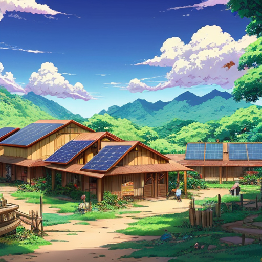 rain forest with a village and solar panels 
