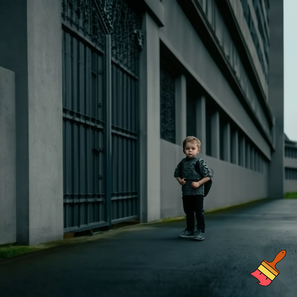 A boy is outside of the gates of his new school and he scared and school looks like prison