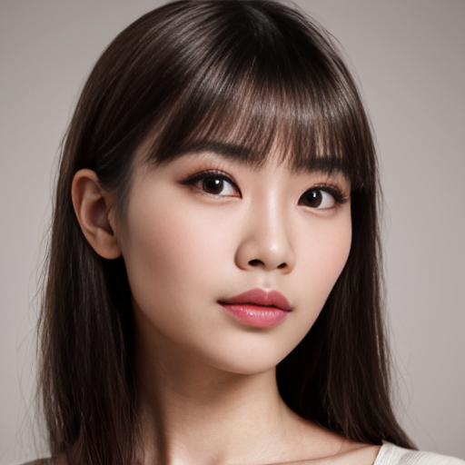 年轻东亚女性肖像，鹅蛋脸配柔和下颌线，小巧尖下巴带浅美人沟，饱满苹果肌，大而圆的杏眼，明显开扇型双眼皮，扇形浓密上睫毛8-10毫米，下睫毛稀疏，尖锐内眼角微钩，外眼角上扬5-10度，暖琥珀棕色瞳孔带明显高光，突出月牙形卧蚕，自然弧形平直眉，深棕黑色发色，鼻梁挺直微驼峰，水滴形鼻头软组织丰厚，鼻唇角90度，饱满嘴唇明显唇峰，上下唇比例2比3，自然粉色渐变唇色，嘴角自然或微下垂，零毛孔瓷肌，冷调一白肤色，太阳穴隐约可见血管，黑色长直发配空气感薄刘海，鬓角修饰下颌线，面部肌肉完全放松，失焦梦幻眼神，清纯疏离交织表情，45度角柔和摄影棚打光，浅景深，85毫米镜头人像摄影，超写实，8K画质，皮肤纹理细节
