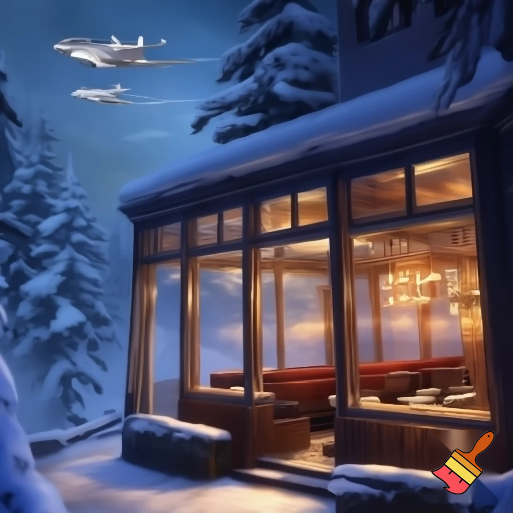 Generate a picture of a cozy fancy Steakhouse, in a neighbourhood forest in the winter with a nice and cozy interior shown by the wooden framed windows with private jets flying over the restaurant