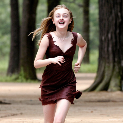 Dakota Fanning, young actress, her dress is torn, she is running through a wood, her breast is exposed