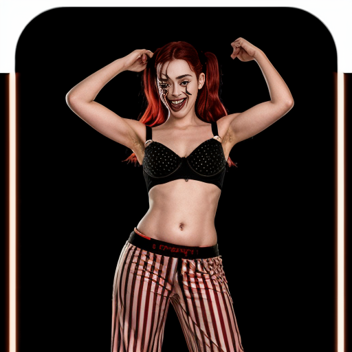 90's disney's 2d aladdin style comic black background and panels of 
panel 1 Harley Quinn with light black and red striped harem pants and bra and black and red curved slippers with both hand palms place together and hiding the bottom of her mouth with a light black and red striped veil wrapped around her arms and shoulders. 
panel 2 she danced with light black and red striped harem pants with light black and red striped bra and red and black curved slippers and with light black and red striped veil wrapped around her arms and shoulders and raising legs and bounced up and down her belly and shook her hips left and right. 
panel 3 as Harley Quinn with light black and red striped harem pants and bra and red and black curved slippers and with red and light black striped veil wrapped around her shoulders and arms and spreading her arms, happily revealing her face to the viewer and giving a smile as she shook her belly left and right. 
Panel 4 Harley Quinn with light black and red striped harem pants and bra and black and red curved slippers and with light black and red striped veil wrapped around her shoulders and arms has started to fading away , except her belly, which is bouncing around and growing. 
Panel 5 then the ball transforms into the fading in belly of Giant red haired giganta barefoot with dark yellow spotted yellow harem pants and bra and dark yellow spotted yellow veil wrapped around her arms and shoulders with her swaying her hips. 
Panel 6 red haired giganta barefoot with dark yellow spotted yellow harem pants and bra and dark yellow spotted yellow veil wrapped around her arms and shoulders then she is flexing her muscled arms 