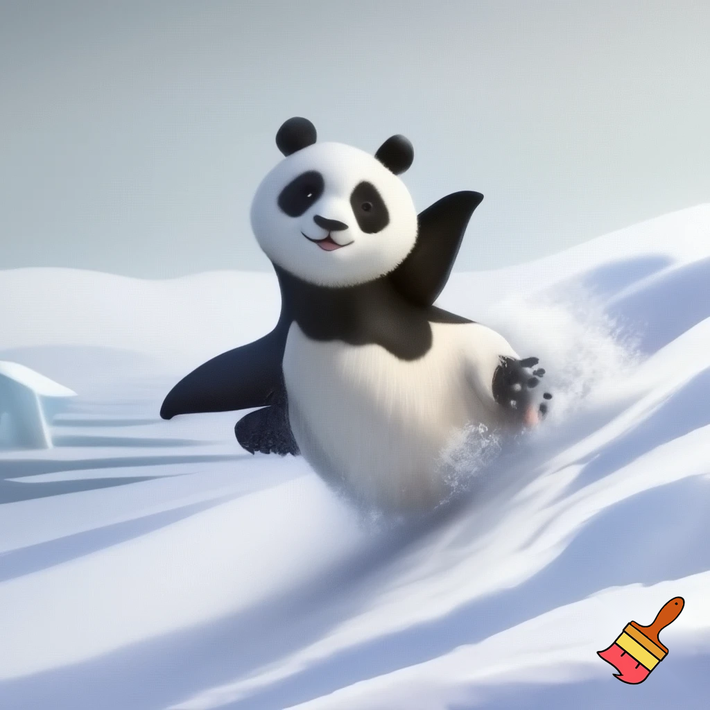 Penguin with a panda head sliding on the snow
