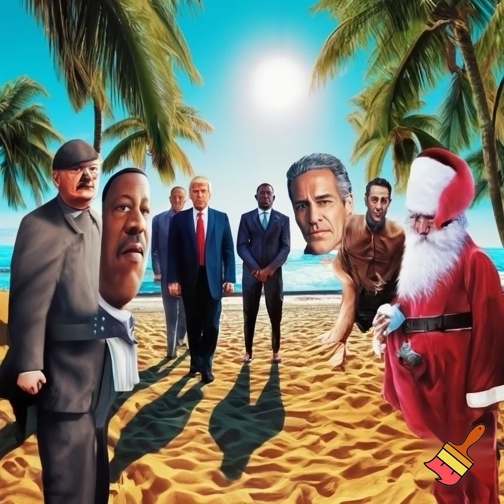 Adolf Hitler donald trump George Floyd Jeffery Epstein abe lincoln and Santa chilling on a beach
