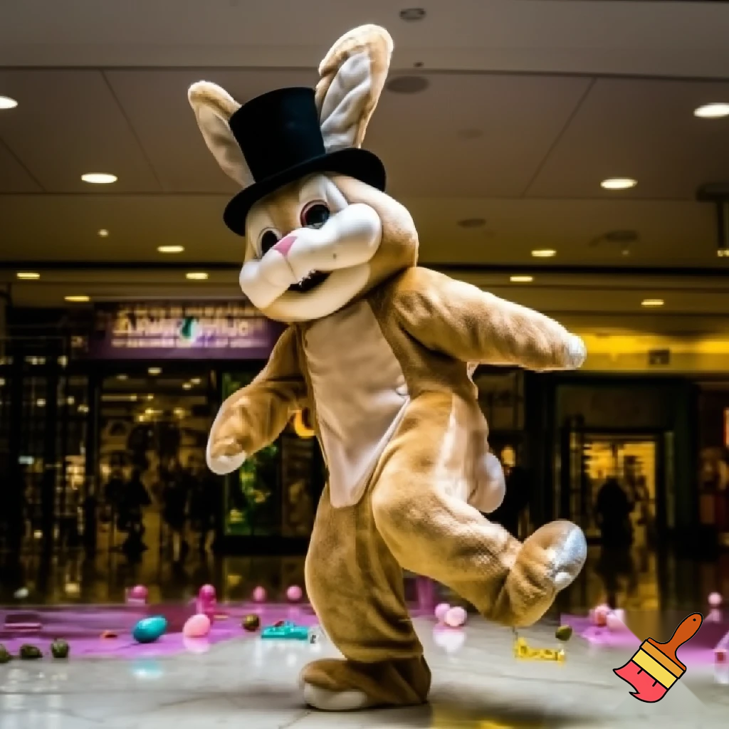 Easter bunny mascot top hat at the shopping centre mascot costume Darrell Lea magic room Australia dancing