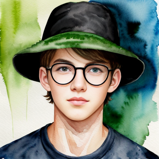  anime teenage boy with a green hat, green eyes, black glasses and a green jumper