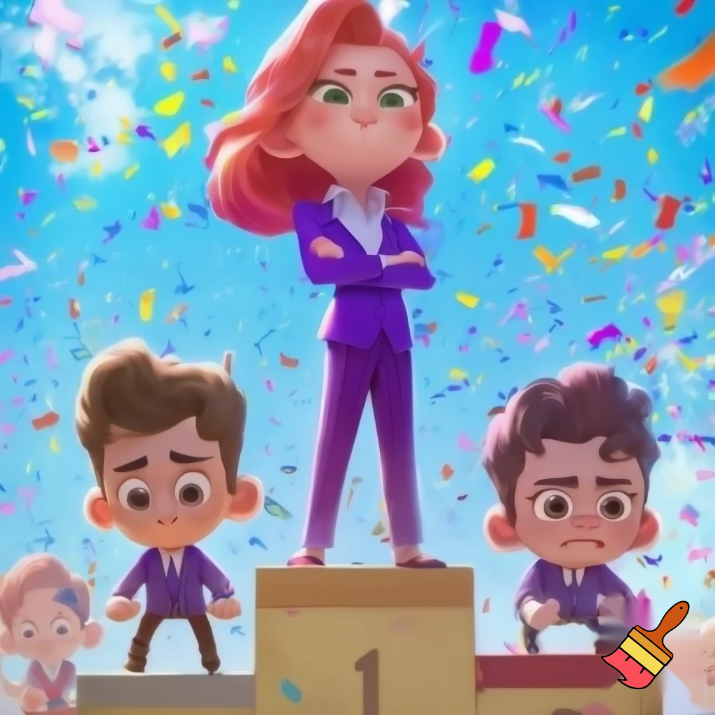 "A podium with three winners celebrating. The first-place winner is a red-haired girl with crossed arms, wearing a purple blazer and a white shirt, inspired by Marcella from the Spirit cartoon. She stands confidently on the top step. The second and third place winners are on either side, slightly lower on the podium. The scene is bright and cheerful, with a clear blue sky, confetti falling, and a lively, animated style reminiscent of cartoon illustrations. Focus on dynamic expressions and vivid colors." the other children look sad, the winner looks mean