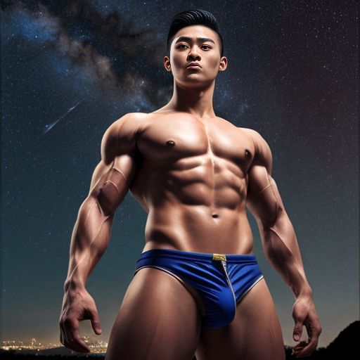 photorealistic handsome athletic & lean muscular shirtless young vietnamese warrior with oversized crotch in tight low-cut translucent speedos, arms stretched upwards and boyish facial features and a yearning look in his eyes, staring upwards against the stars at the night sky, in hyper-realistic style