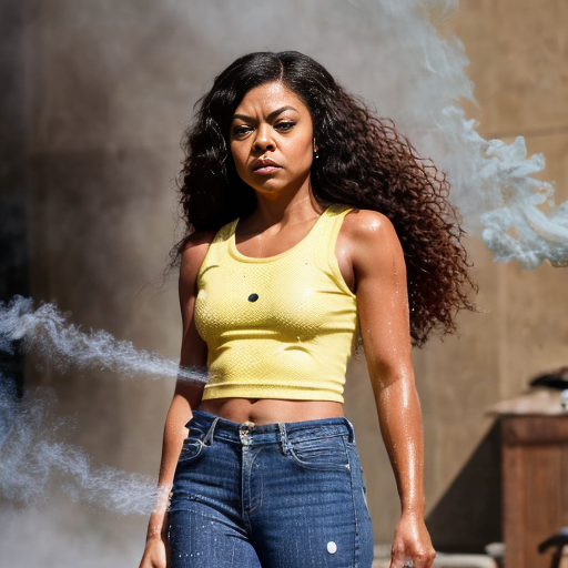 Taraji P. Henson as an FBI one beige fur jacket and yellow beige tank top red and yellow dots and blue jeans with long curly thick hair 20th Century Fox spray sprinkling water TNT stone smoker *punch*

