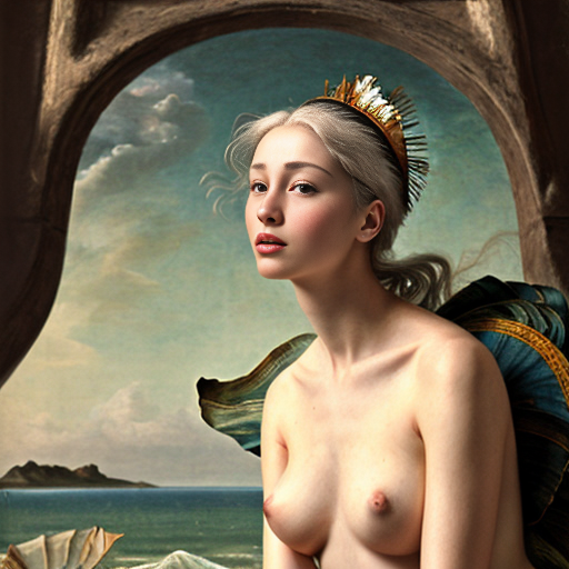 Image inspired by The Birth of Venus but tall white-haired woman