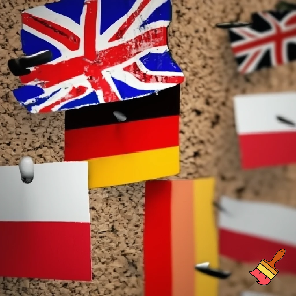 CORK BOARD WITH A BRITISH AND GERMAN AND POLISH FLAG ON IT
