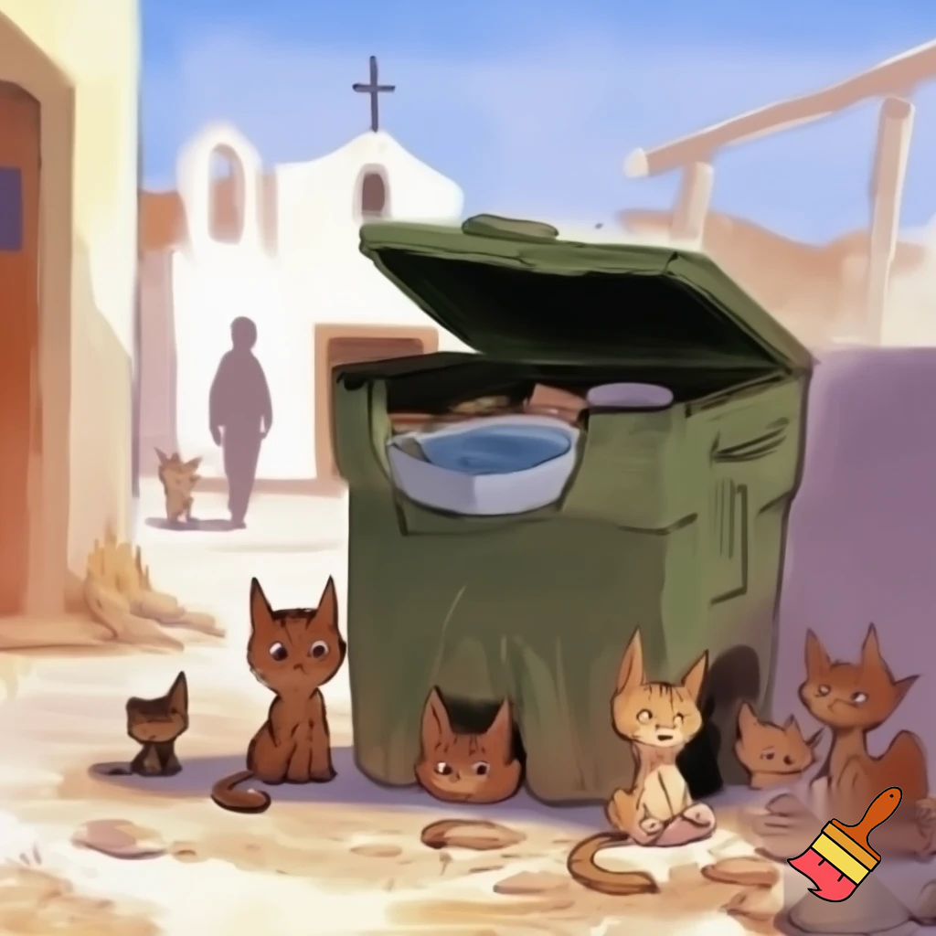 Cartoon-style scene in a small Greek neighborhood. A large green outdoor garbage container stands with its lid open. Inside the container, tossed away, are a couple of pet food bowls and a small water bowl. Around the container are several stray cats and kittens looking sad and thirsty, some sitting, some searching the ground. One or two kittens peek curiously into the container. In the background, a simple white Greek church with a cross on top, and a few distant people walking toward it, not facing the viewer. Early-day Mediterranean light, warm tones, gentle but emotional atmosphere. Style: soft cartoon, watercolor-like textures, subtle outlines, slightly heart-tugging mood. Cats bit skinny