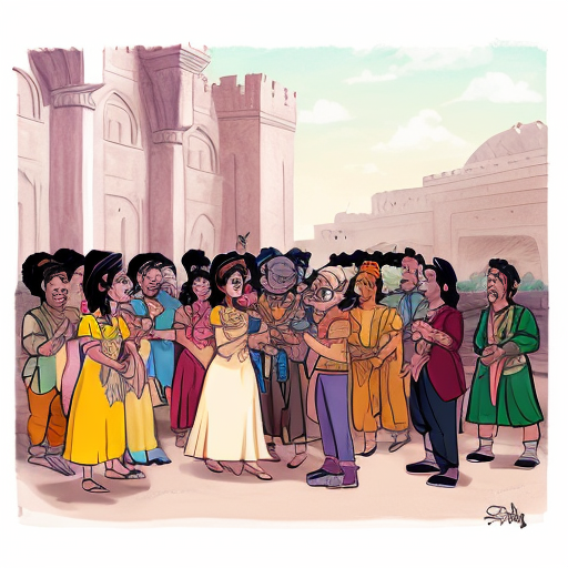 A heartwarming drawing of the people of Agrabah rallying around Princess Jasmine, with a focus on community and encouragement.