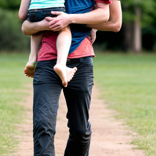 A barefoot young man carrying teenage boy while standing on tiptoes