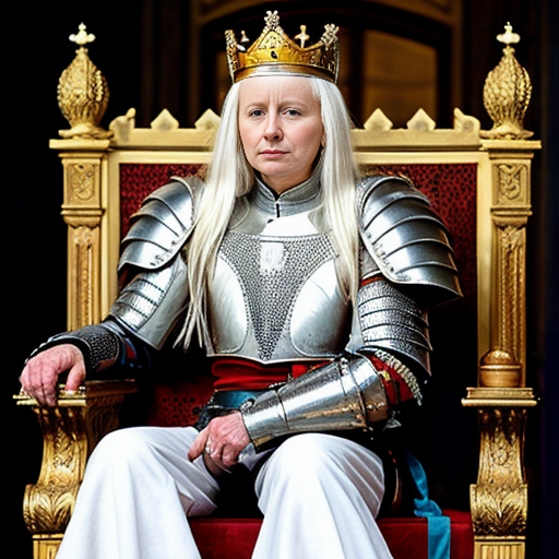 Tall, white-haired Queen of Poland in armor sitting on a throne