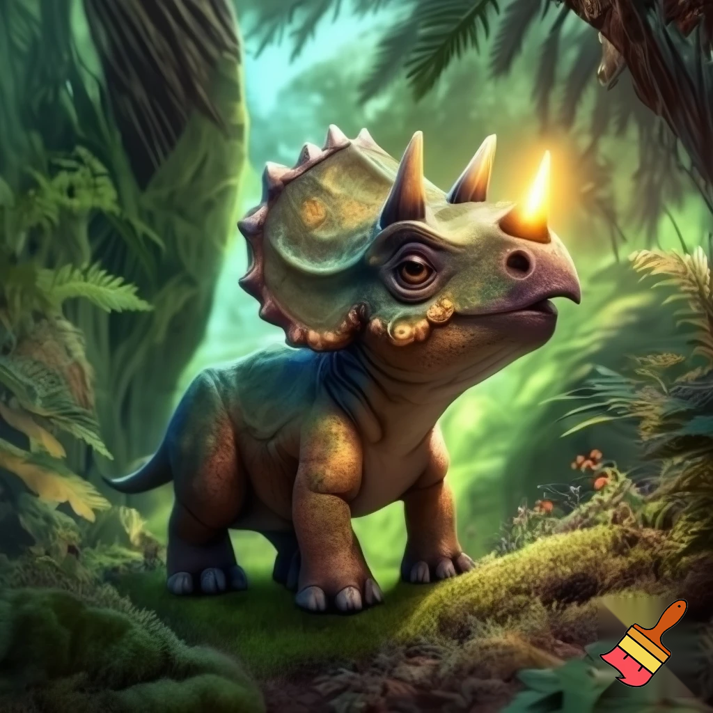 Draw a baby triceratops in the wild with a glowing nose horn