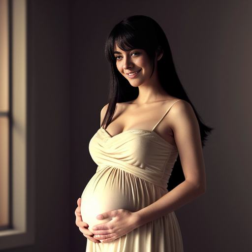 Anime style, Pregnant Albedo gently holding her belly with a warm smile, wearing a soft white and gold dress instead of armor, long flowing black hair, black wings folded peacefully behind her. Ainz Ooal Gown stands beside her calmly, resting a hand near her shoulder in a protective pose. Soft magical glow in the background, peaceful atmosphere, warm lighting, gentle expressions, wholesome and elegant composition.