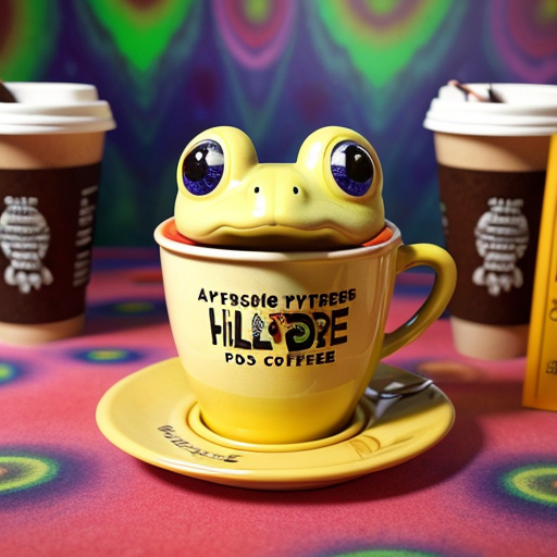 A hillarious, funny boho toad with some hippie colored coffee cups. Psychedelic decorated background.