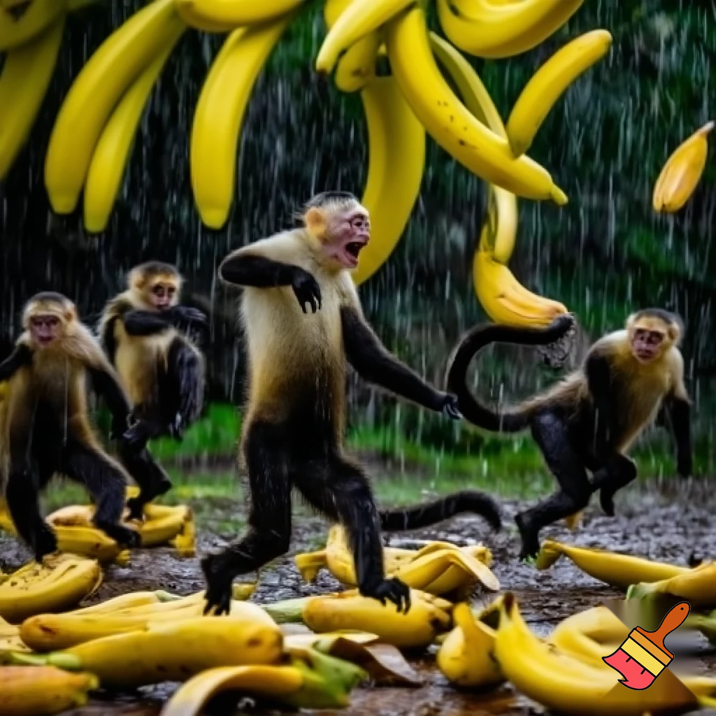 Hazme un grupo de changos bailando mientras llueve plátanos