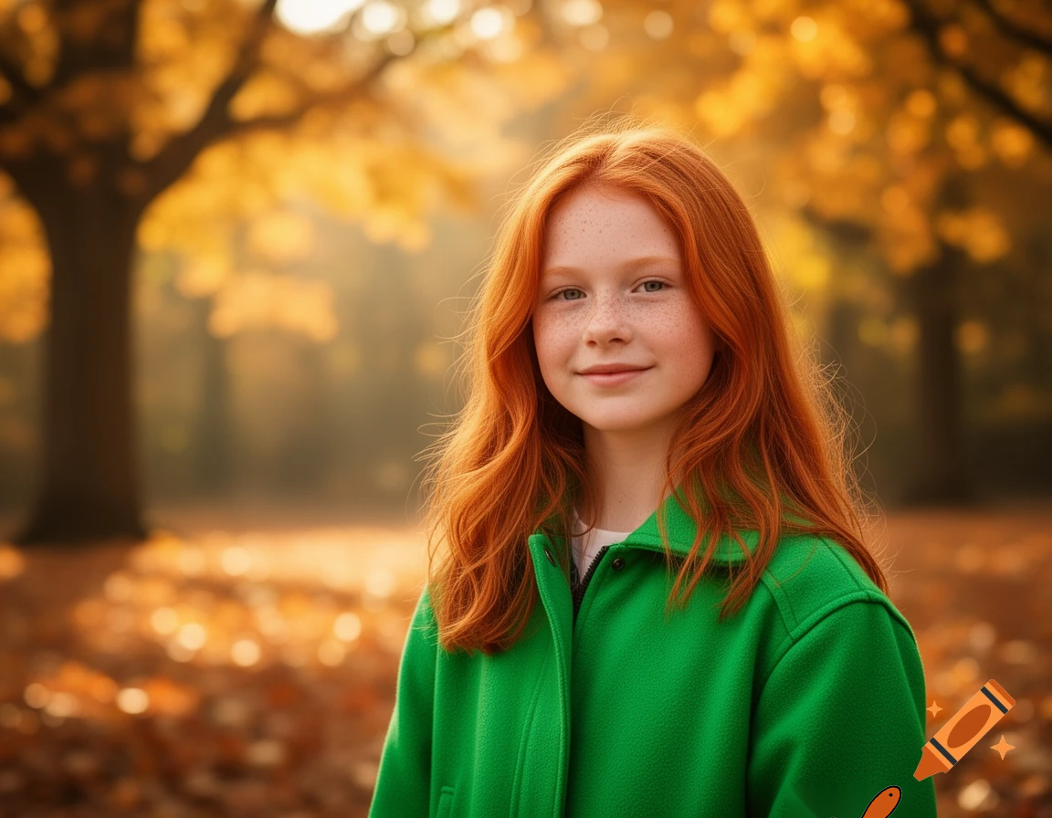 a girl named bailey with red hair a green jacket who is 13 years old 