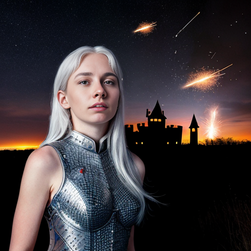 young white-haired woman in armor watches as meteorites fall on her castle