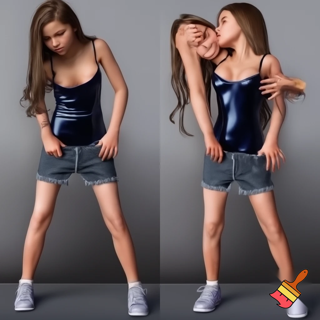 girl 20 years old so cool and cute is dressing a low cut dress and very revaluing and cool short black jeans is standing make is so realistic is doing an cool pose and the girl is holding her jeans with cool pose and her body is shiny is kissing another girl with the same clothes