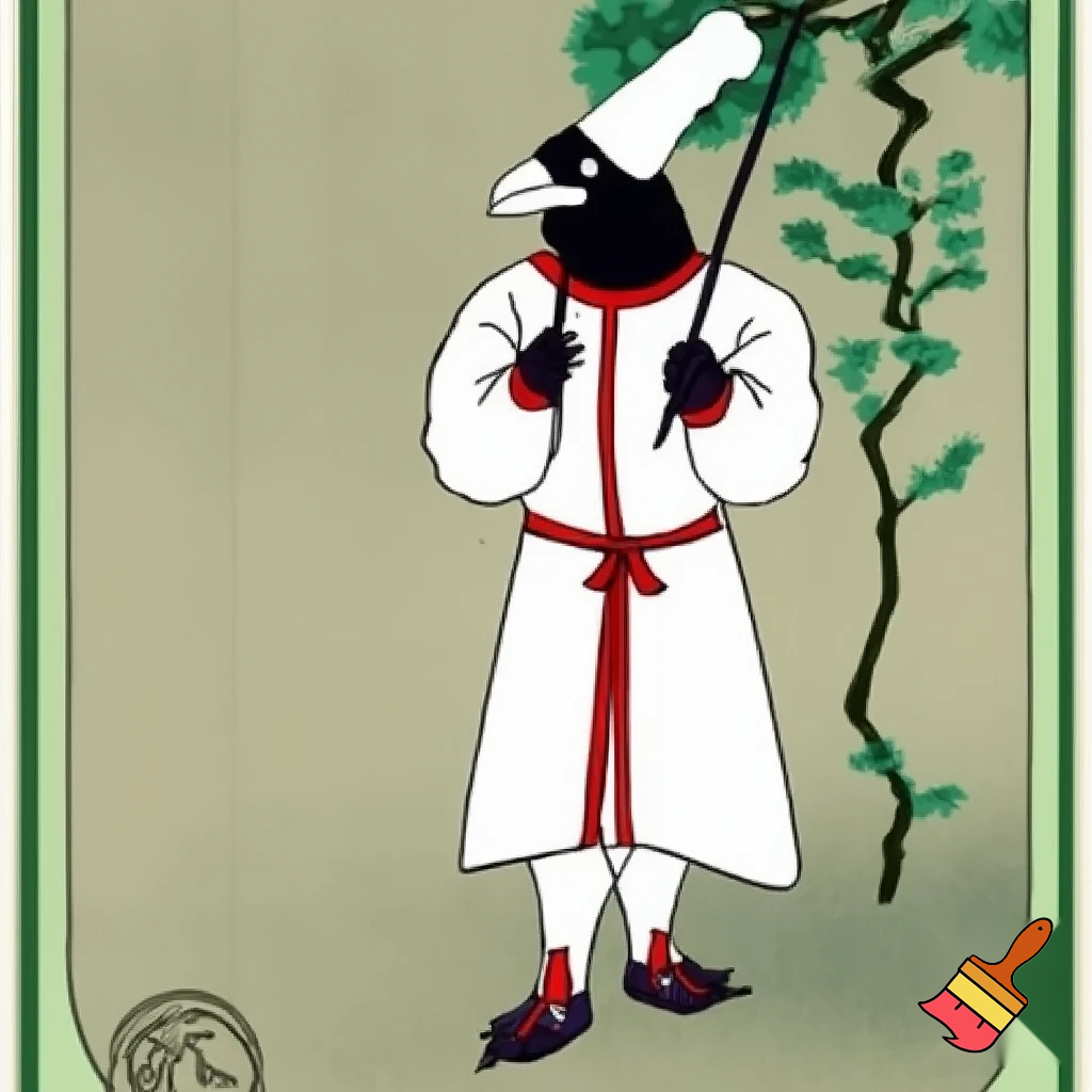 Mi fai una carta da gioco in questo stile, ma che raffigurino un corvo con il classico vestito manicheo, cioè una tunica bianca lunga fino alle zampe e una specie di cappello tubolare in testa, tutto bianco.
