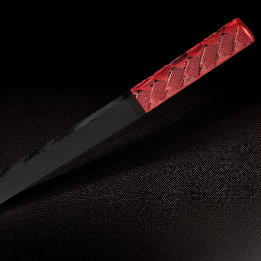 Hyper-realistic product render of a futuristic aggressive floorball stick called "RAGE STRIKE PRO". Matte deep black carbon fiber shaft with subtle carbon weave texture. Blood-red torn streak graphics running diagonally along the shaft. Glossy burn gradient near the blade fading from dark red to black. Black and red textured grip wrap. Aggressive concave blade with closed toe, reinforced heel construction. Dark studio background, dramatic red rim lighting, high contrast, premium sports advertisement style, ultra-detailed, 8K, sharp focus, no people.