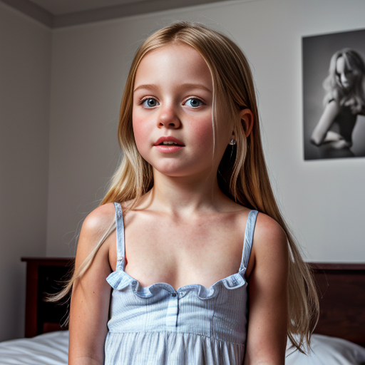 swedish little girl, long blonde hair, night dress, on the bedroom