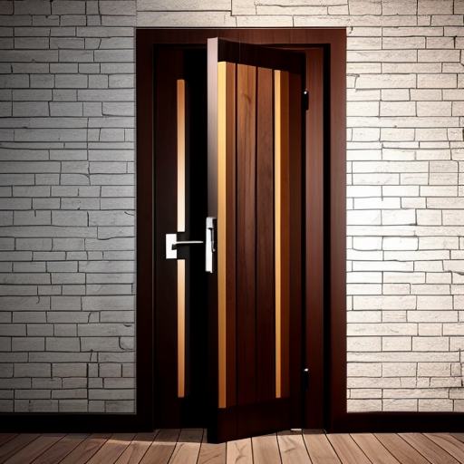 a wooden door with a star scratched onto it in a dark passage way with stone bricks. door made with wooden boards that are worn and dark