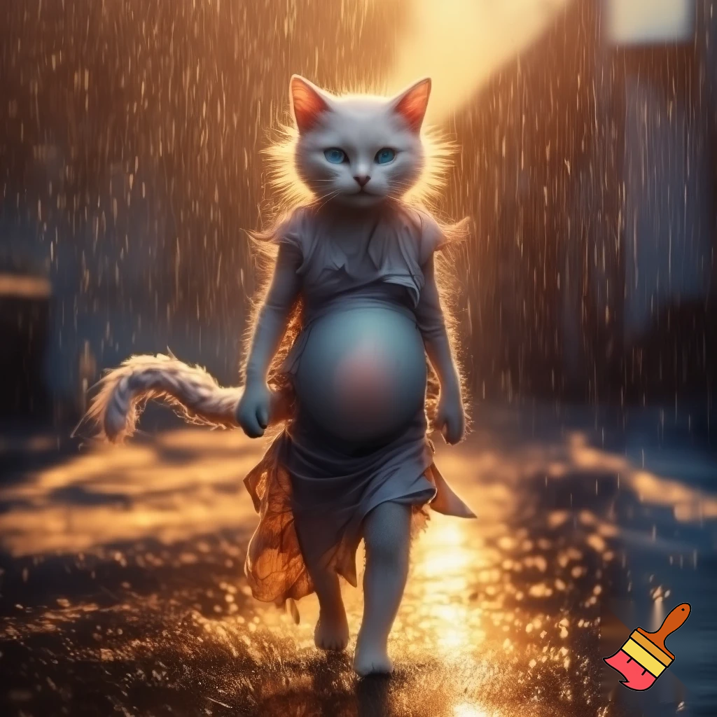 Beautiful 24-year-old white catgirl in torn rags, pregnant belly glowing, walking rainy Karachi street at golden hour, white cat ears, long white tail, icy blue eyes shining with hope, bright sunlight beams, sparkling wet fur, emotional cinematic portrait, 8k
