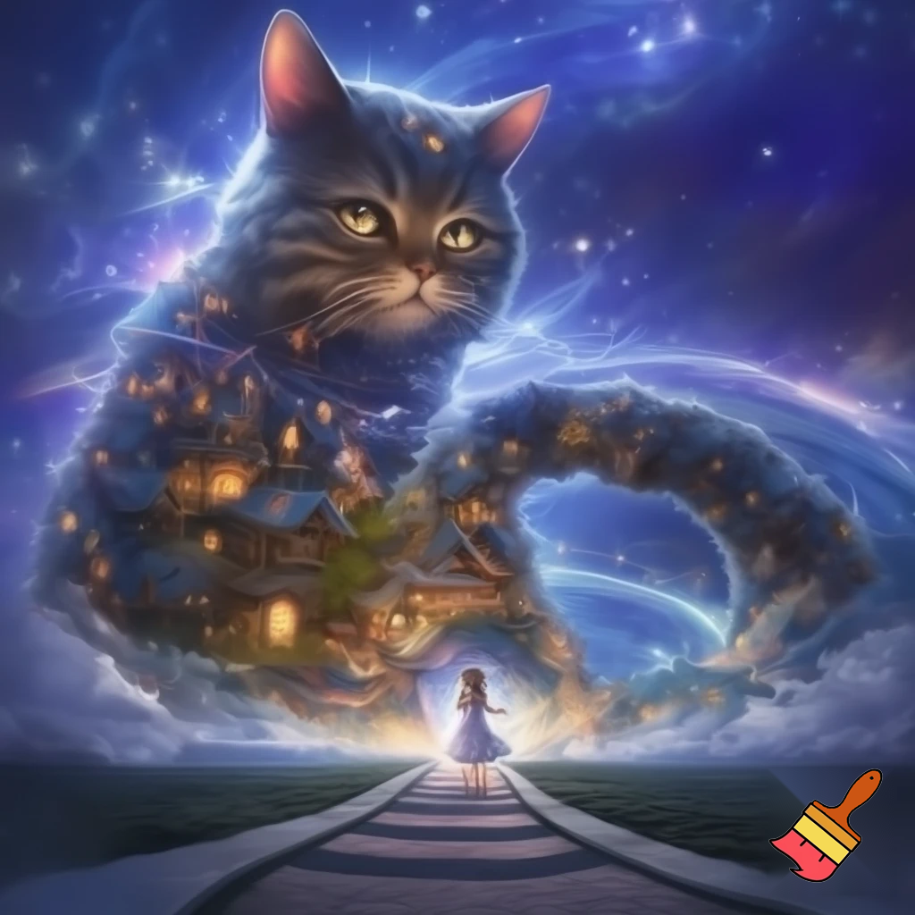 Можешь создать картинку - огромный кот на фоне сказочной природы , сквозь  его тело  проходит дорога во вселенную, его шкура состоит из домиков сказочных, хвост полосатый ввиде дороги, по этому хвосту идет юная девочка в полупрозрачном легком платьице , босиком.
