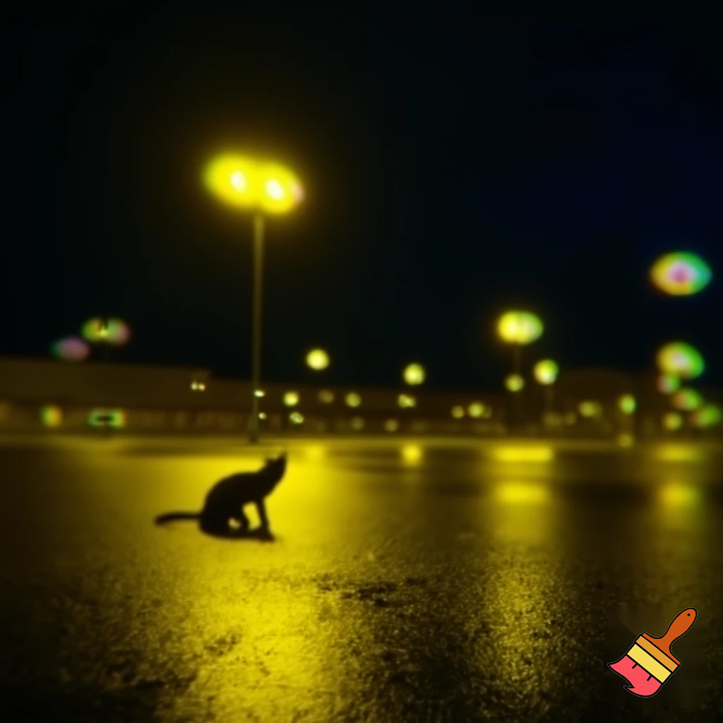 Photorealistic, handheld shot, in the style of a cellphone camera with a flash, an empty shopping mall parking lot at night,  streetlights in the background, a stray cat passing by in the foreground, chromatic aberration, tilt-shift effect