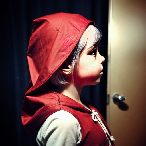 cute red riding hood, cinema, realistic, ultrarealistic, sideview, silver hair, strong makeup, kinderg