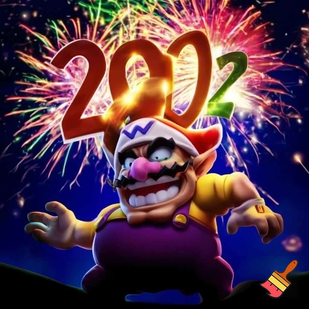 Wario in a Santa hat with fireworks saying 2026