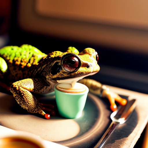 A hillarious, funny boho toad with some hippie colored coffee cups. Psychedelic decorated background, hyperrealistic. Close-up view.