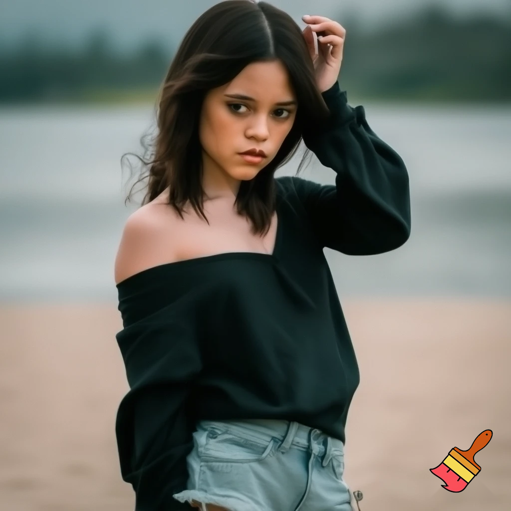 Jenna Ortega in denim shorts and a off the shoulder shirt on the beach 