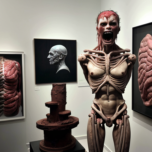 A high-resolution, detailed photograph capturing a complex, visceral biomechanical sculpture and human subject within a contemporary art gallery setting. The central figure is a large, elaborate sculpture constructed from exposed anatomical textures, deep red meat, bone, and intricate wiring, featuring multiple multi-jointed human heads and torsos with agape, screaming mouths, suspended and framed by white PVC piping and supports. The sculpture rests on a distressed white plinth with wheels. Standing next to it is a underground humanoid cannibal wearing a light blue face mask, a black long-sleeved shirt, dark jeans, and grey sneakers. In the foreground, another sculpture covered in a white cloth is visible. The gallery walls are mint green, and a large, framed classical painting is on the wall behind the sculpture. The scene has even, diffused lighting that highlights every extreme detail and texture, making the gore and materials look palpably real."