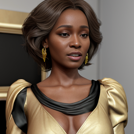The background is decorated with gold leaf. Half-profile of a beautiful and elegant young Black woman resembling Whitney Houston. Gold chased work, fine knitwear, 3D effect, high décolletage, narrow waist, dress made of silk and taffeta. Embroidery. Style: Emile Mounier, Bugro