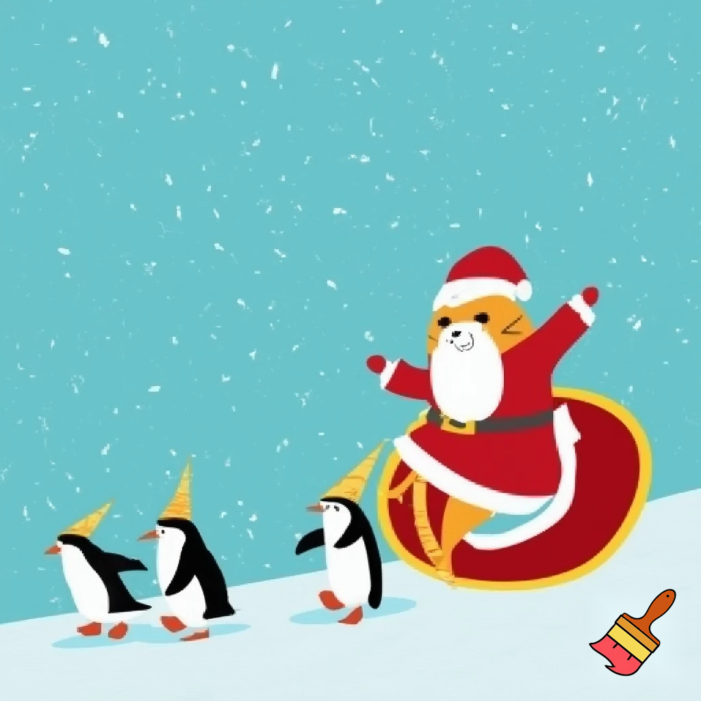 Santa clause dressed as a cat riding a raindeer in the north pole and the raindeer is chasing penguins wearing tinfoil hats
