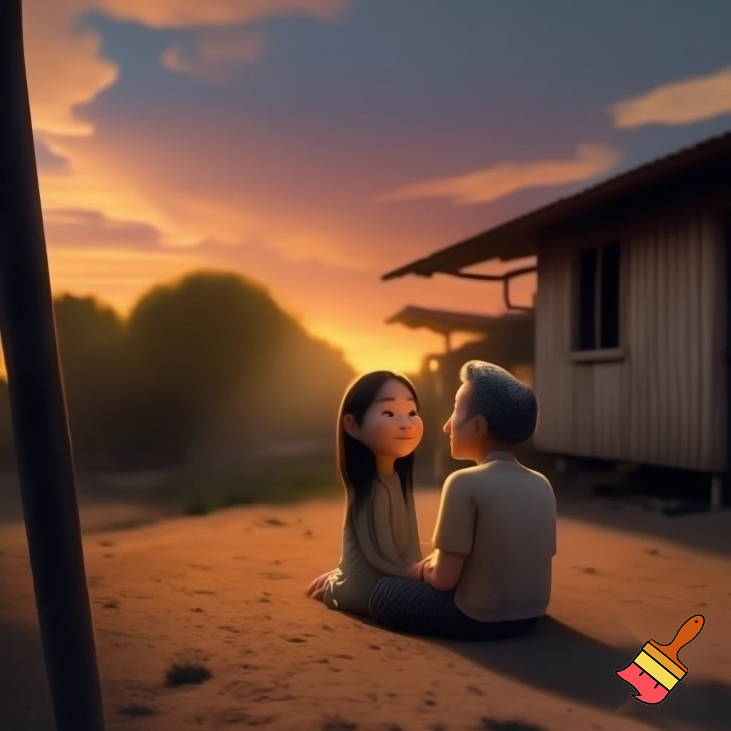 Subject: Father (40 years old, black hair with gray, serious but kind face, simple clothes), Mother (40 years old, long black hair, warm expressive face, simple dress) sitting outside their humble house in the afternoon. 
Movement: Sitting calmly, looking at the sky. 
Scene: Dirt yard, simple wooden house, sunset sky. 
Camera: Medium shot, slightly from above, showing both characters. 
Lighting: Warm sunset light. 
Mood: Cinematic 3D realistic, emotional, calm, nostalgic atmosphere.