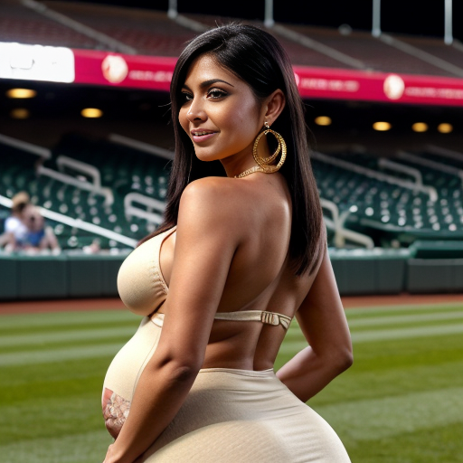 An erotic closeup photograph of a full body rear view from behind, of a nude 50 year old pregnant Arab woman looking over her shoulder, with dark tanned skin, very long straight black hair, a gold waist chain and earings, stands in the seats of a baseball stadium during a game. The woman has extreme unrealistic body proportions, with unrealistically large buttocks, hips, and breasts. She drops her red draped flowing dress to reveal her entire nude body with a focus on the woman's buttocks. The woman's face shows a mixture of happiness, pleasure, and exhaustion. A crowd of boys and girls cheer her on.