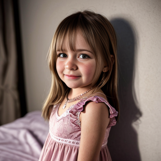 Chilean little girl at night dress, very beautiful, on the bedroom, close up